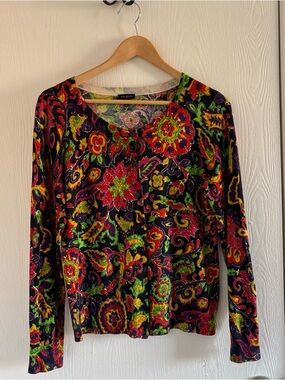 Talbots Floral Cardigan Sweater Women’s Sz Medium Colorful Cotton Rayon